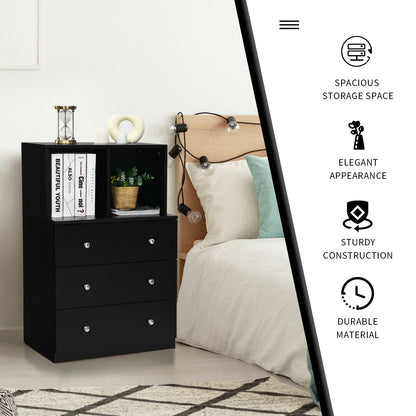 Modern 3 Drawer Storage Dresser with Open Cubbies for Bedroom or Living Room Black