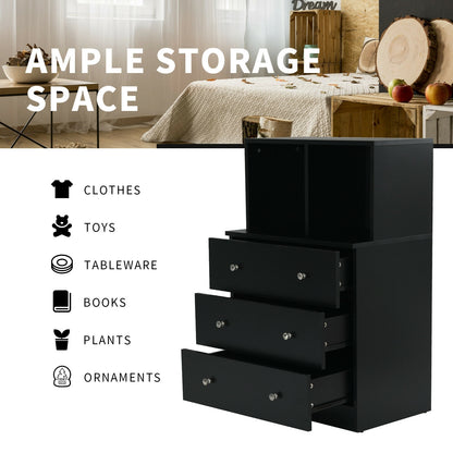 Modern 3 Drawer Storage Dresser with Open Cubbies for Bedroom or Living Room Black