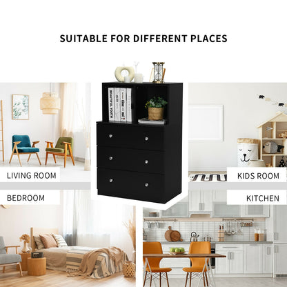 Modern 3 Drawer Storage Dresser with Open Cubbies for Bedroom or Living Room Black