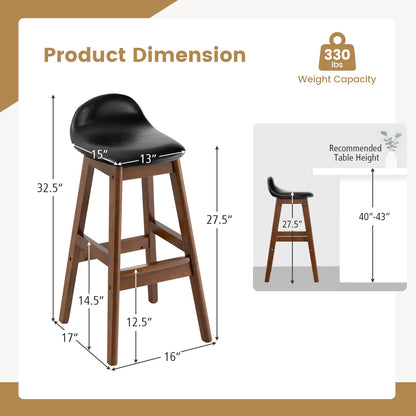 2 Pieces PU Leather Upholstered Bar Stools with Back Cushions and Solid Wood Legs, 27.5 Inch