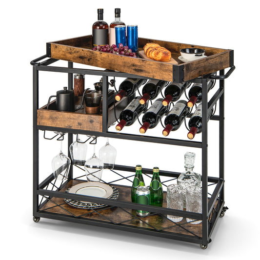 3 Tier Bar Cart with Removable Tray Wine Rack and Glass Holder on Wheels