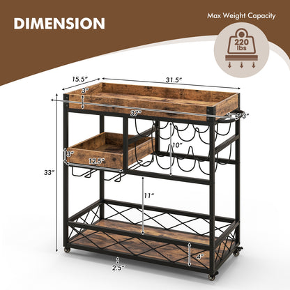 3 Tier Bar Cart with Removable Tray Wine Rack and Glass Holder on Wheels