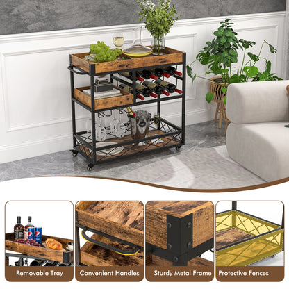 3 Tier Bar Cart with Removable Tray Wine Rack and Glass Holder on Wheels