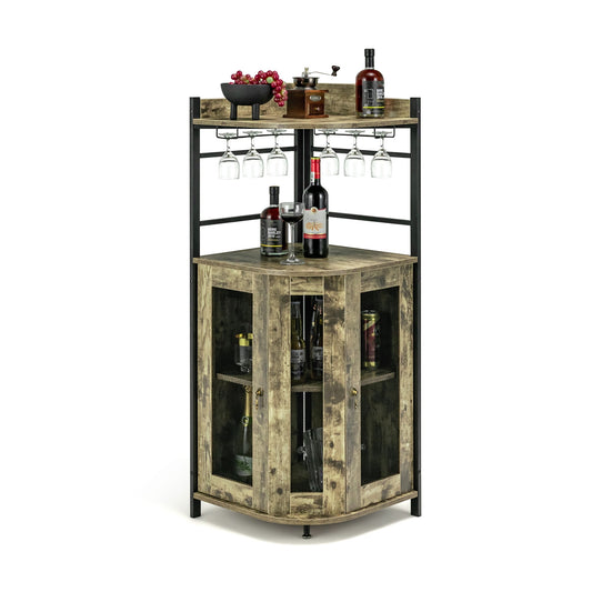 Freestanding Corner Bar Cabinet with Wine Glass Rack and Adjustable Storage Shelf - Taupe