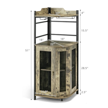 Freestanding Corner Bar Cabinet with Wine Glass Rack and Adjustable Storage Shelf - Taupe