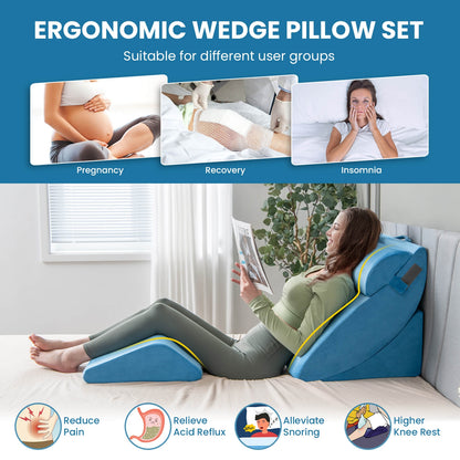 4 Piece Ergonomic Orthopedic Bed Wedge Pillow Set for Neck, Back, and Leg Pain Relief