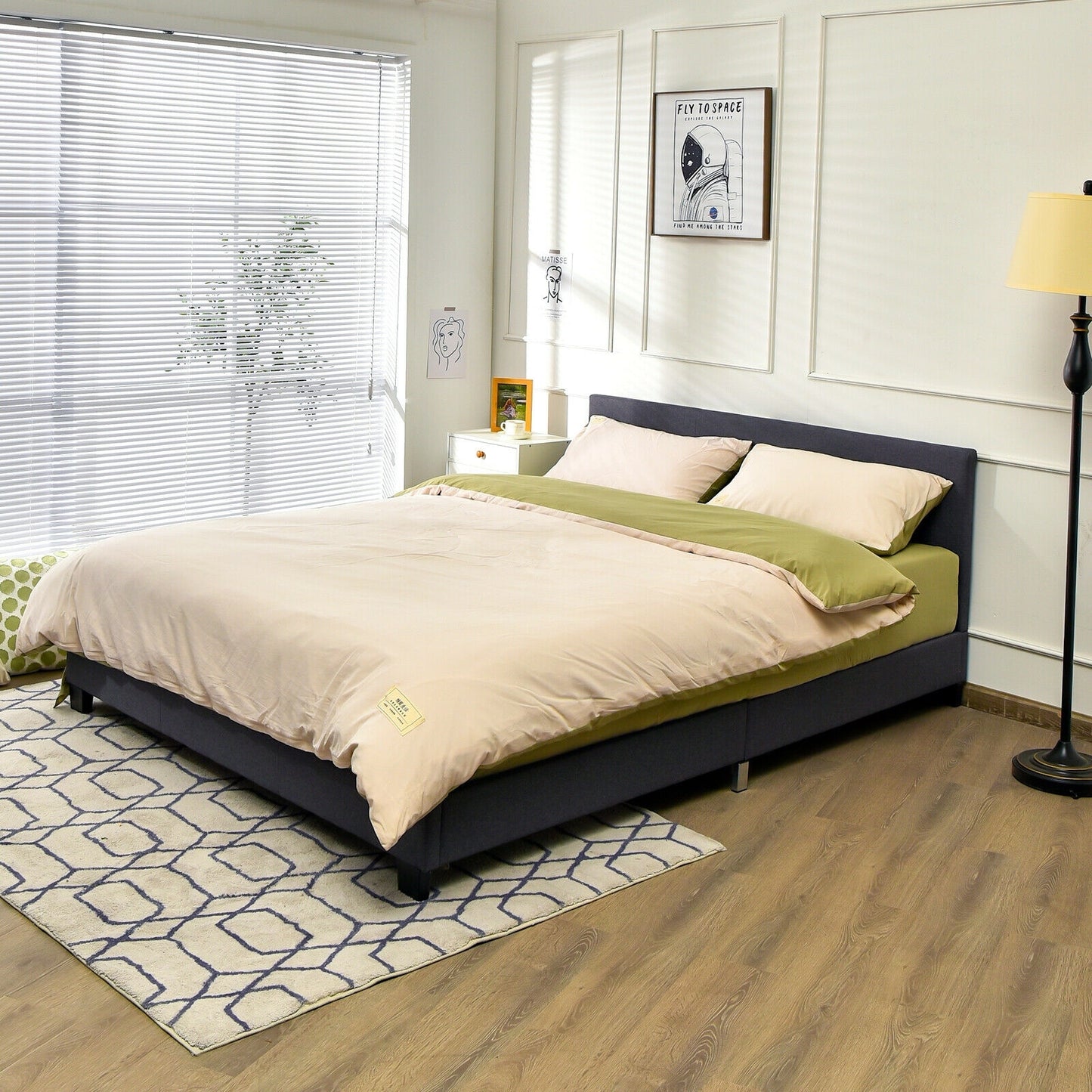 Full Size Grey Upholstered Platform Bed Frame with Ergonomic Headboard and Wooden Slats