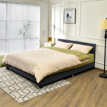 Full Size Grey Upholstered Platform Bed Frame with Ergonomic Headboard and Wooden Slats