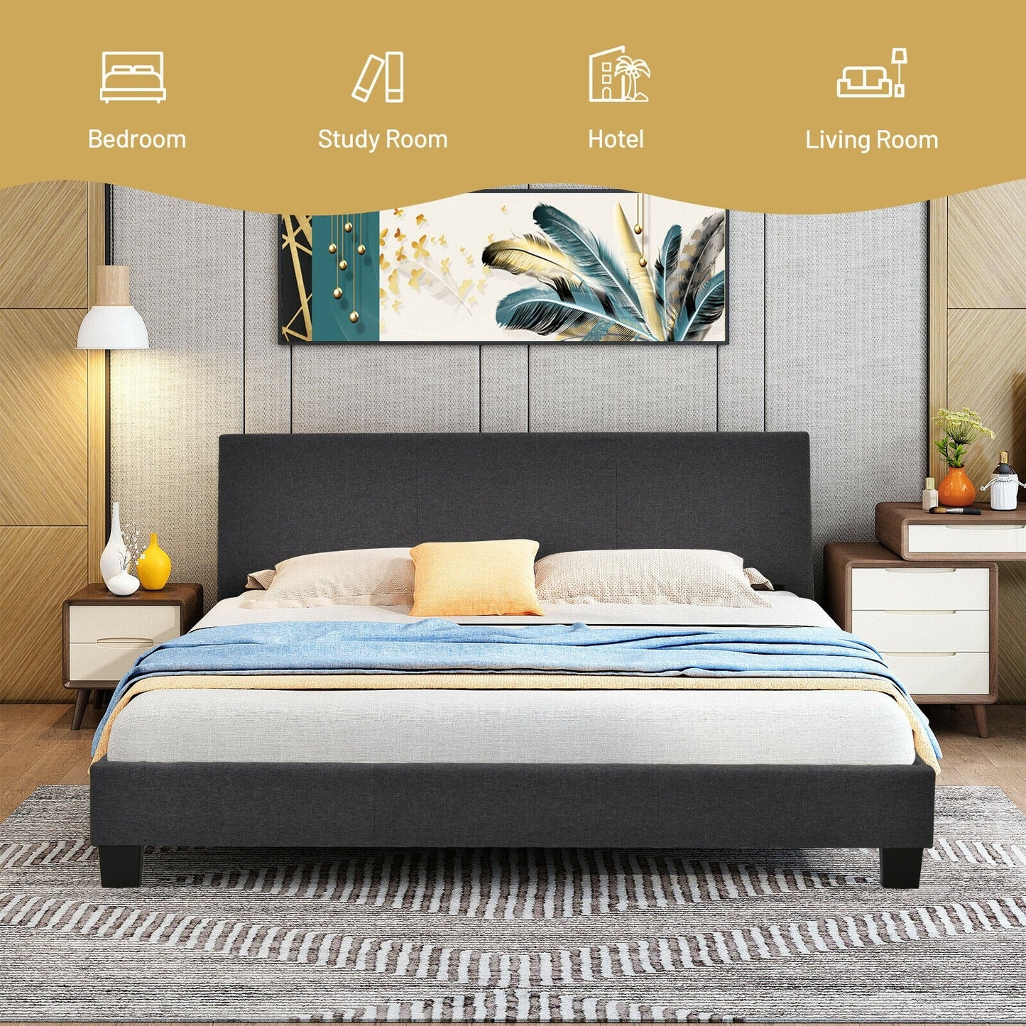 Full Size Grey Upholstered Platform Bed Frame with Ergonomic Headboard and Wooden Slats
