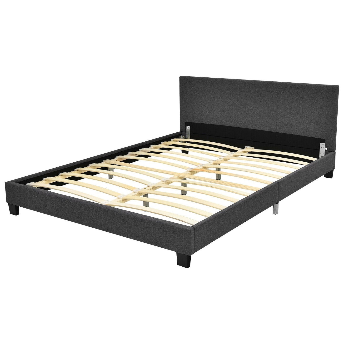 Full Size Grey Upholstered Platform Bed Frame with Ergonomic Headboard and Wooden Slats