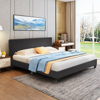 Full Size Grey Upholstered Platform Bed Frame with Ergonomic Headboard and Wooden Slats