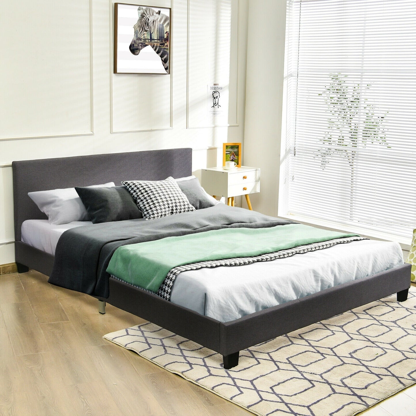 Full Size Grey Upholstered Platform Bed Frame with Ergonomic Headboard and Wooden Slats