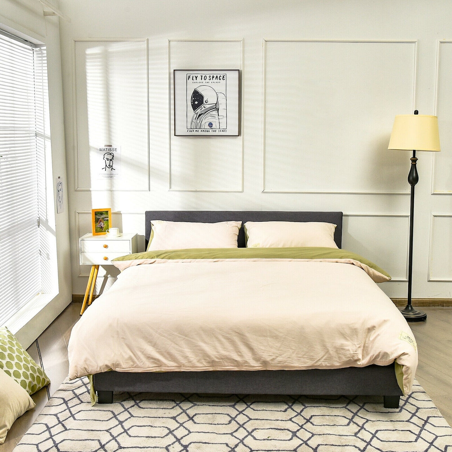 Full Size Grey Upholstered Platform Bed Frame with Ergonomic Headboard and Wooden Slats