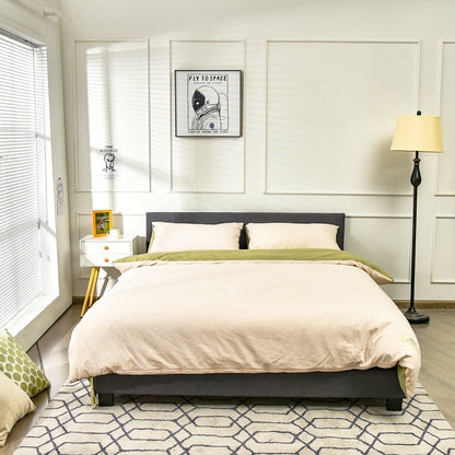 Full Size Grey Upholstered Platform Bed Frame with Ergonomic Headboard and Wooden Slats