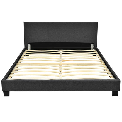 Full Size Grey Upholstered Platform Bed Frame with Ergonomic Headboard and Wooden Slats