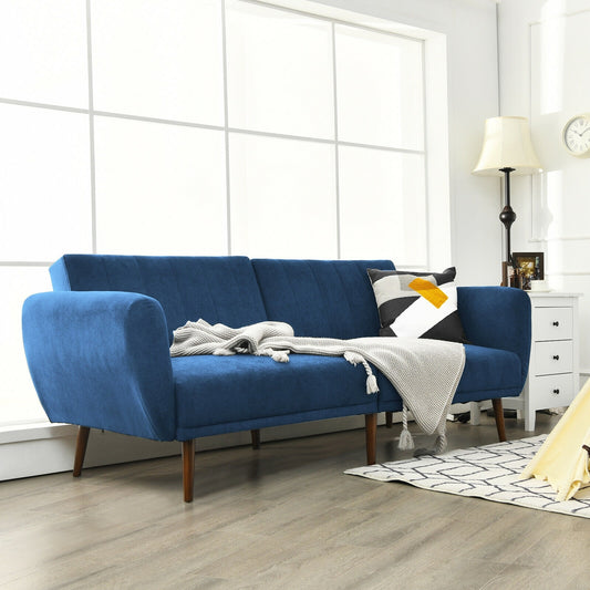 Convertible Futon Sofa Bed with Adjustable Backrest and Solid Wood Legs in Navy