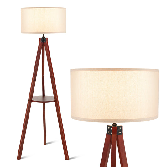 Modern Tripod Floor Lamp with Wood Base and Linen Shade, E26 Socket