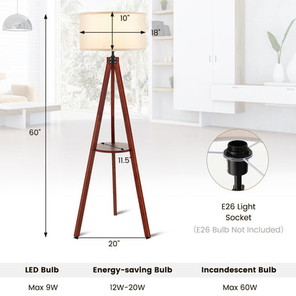 Modern Tripod Floor Lamp with Wood Base and Linen Shade, E26 Socket