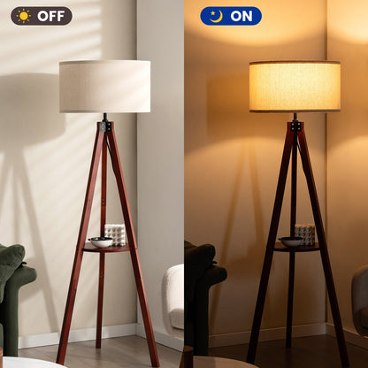 Modern Tripod Floor Lamp with Wood Base and Linen Shade, E26 Socket