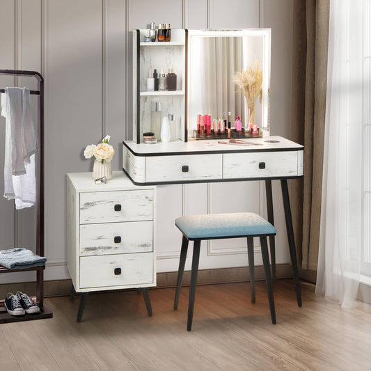 Modern Vanity Makeup Table Set with LED Lighted Mirror, Storage Drawers, and Stool – White