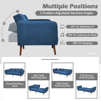 Convertible Futon Sofa Bed with Adjustable Backrest and Solid Wood Legs in Navy