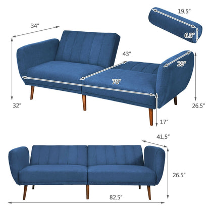 Convertible Futon Sofa Bed with Adjustable Backrest and Solid Wood Legs in Navy