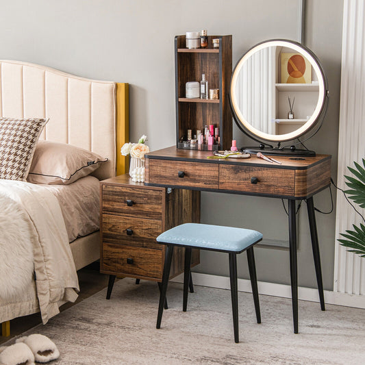 LED Vanity Table Set with 3-Color Mirror, Cushioned Stool and Ample Storage – Rustic Brown