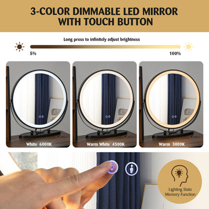 LED Vanity Table Set with 3-Color Mirror, Cushioned Stool and Ample Storage – Rustic Brown