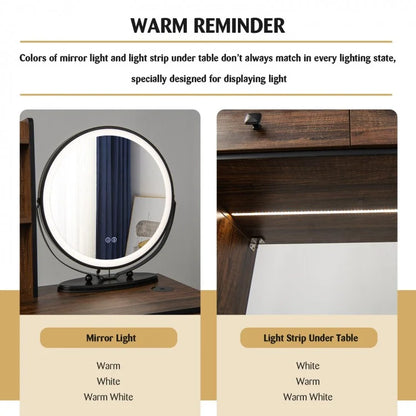 LED Vanity Table Set with 3-Color Mirror, Cushioned Stool and Ample Storage – Rustic Brown