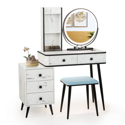LED Vanity Table Set with 3-Color Mirror, Cushioned Stool and Ample Storage – White