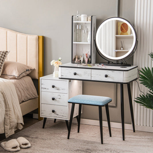 LED Vanity Table Set with 3-Color Mirror, Cushioned Stool and Ample Storage – White