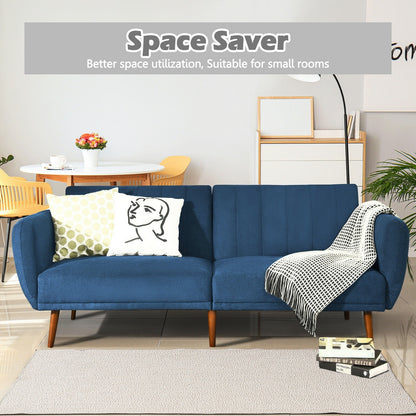 Convertible Futon Sofa Bed with Adjustable Backrest and Solid Wood Legs in Navy