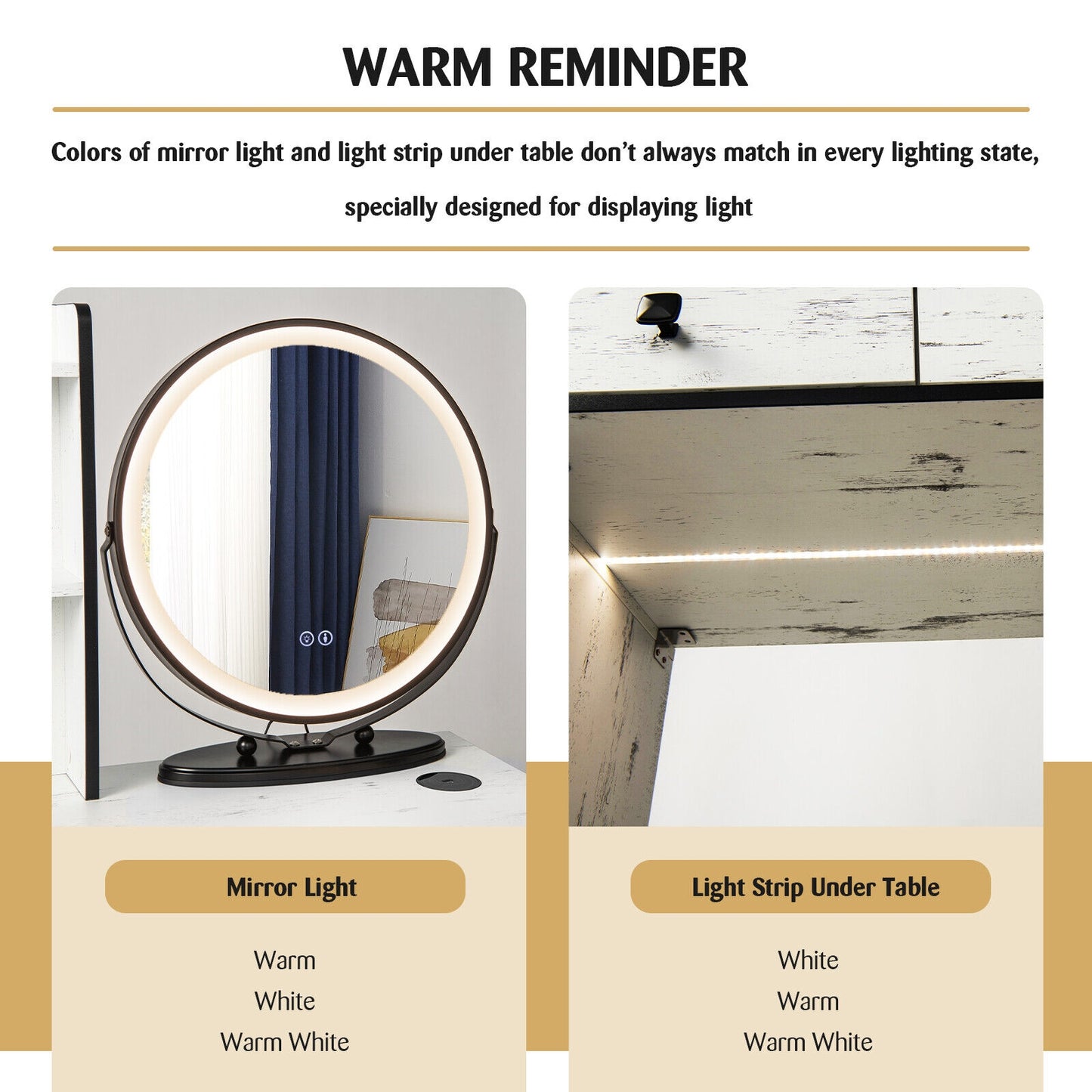 LED Vanity Table Set with 3-Color Mirror, Cushioned Stool and Ample Storage – White