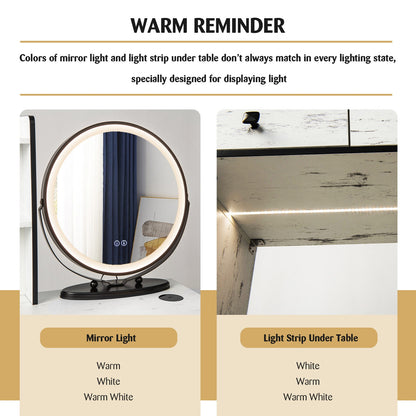 LED Vanity Table Set with 3-Color Mirror, Cushioned Stool and Ample Storage – White
