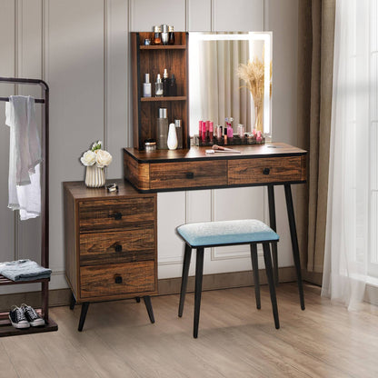 Modern Vanity Makeup Table Set with LED Lighted Mirror, Storage Drawers, and Stool – Brown