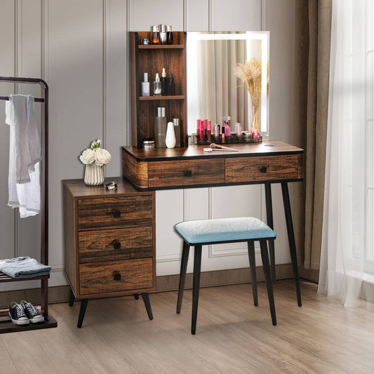 Modern Vanity Makeup Table Set with LED Lighted Mirror, Storage Drawers, and Stool – Brown