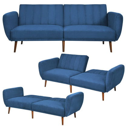 Convertible Futon Sofa Bed with Adjustable Backrest and Solid Wood Legs in Navy