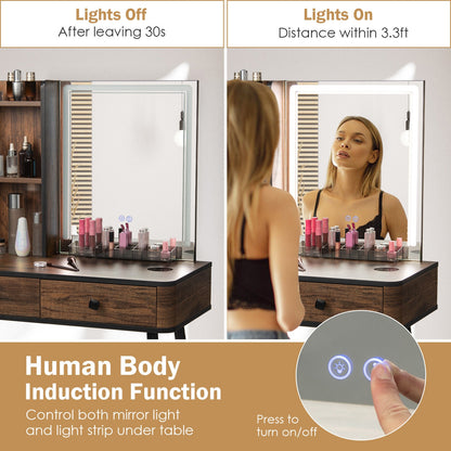 Modern Vanity Makeup Table Set with LED Lighted Mirror, Storage Drawers, and Stool – Brown