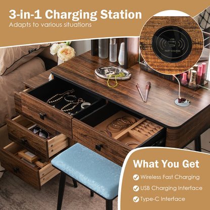 Modern Vanity Makeup Table Set with LED Lighted Mirror, Storage Drawers, and Stool – Brown
