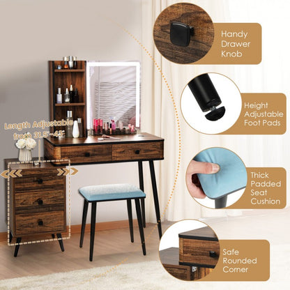 Modern Vanity Makeup Table Set with LED Lighted Mirror, Storage Drawers, and Stool – Brown