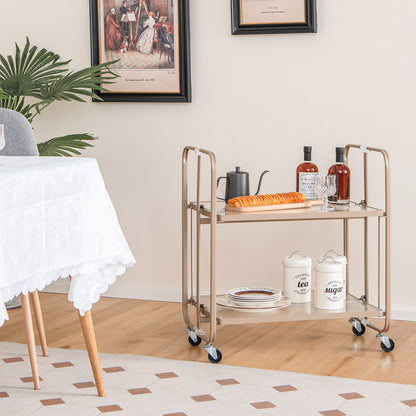 Foldable 2 Tier Bar and Serving Cart with Tempered Glass Shelves and Wheels for Kitchen or Dining Room