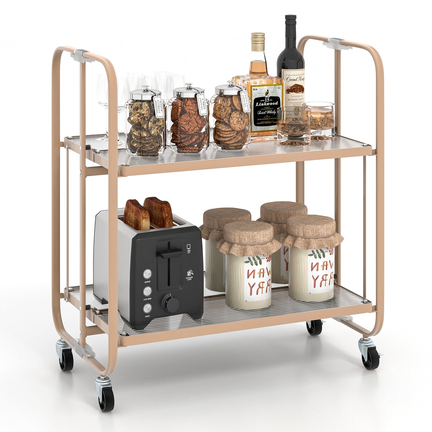 Foldable 2 Tier Bar and Serving Cart with Tempered Glass Shelves and Wheels for Kitchen or Dining Room