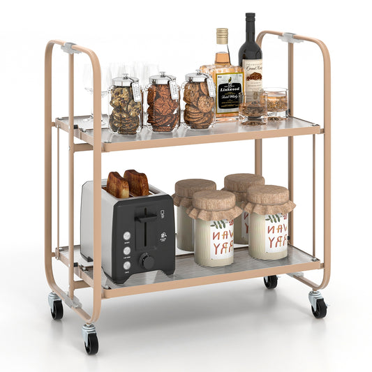 Foldable 2 Tier Bar and Serving Cart with Tempered Glass Shelves and Wheels for Kitchen or Dining Room