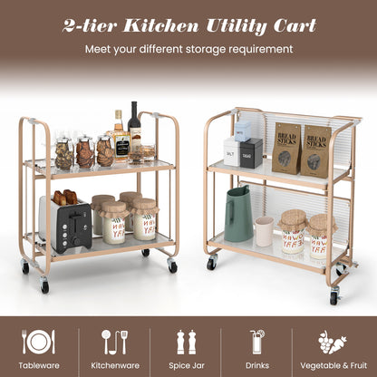 Foldable 2 Tier Bar and Serving Cart with Tempered Glass Shelves and Wheels for Kitchen or Dining Room