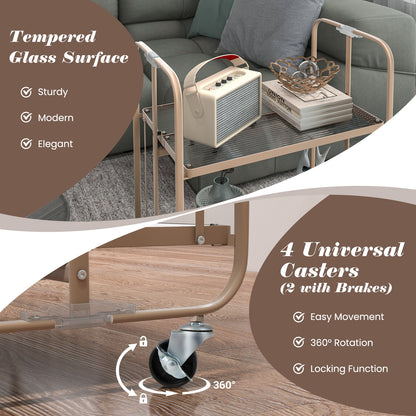 Foldable 2 Tier Bar and Serving Cart with Tempered Glass Shelves and Wheels for Kitchen or Dining Room