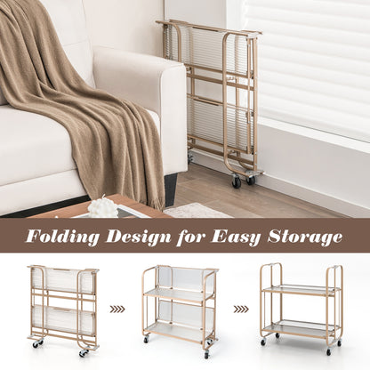 Foldable 2 Tier Bar and Serving Cart with Tempered Glass Shelves and Wheels for Kitchen or Dining Room