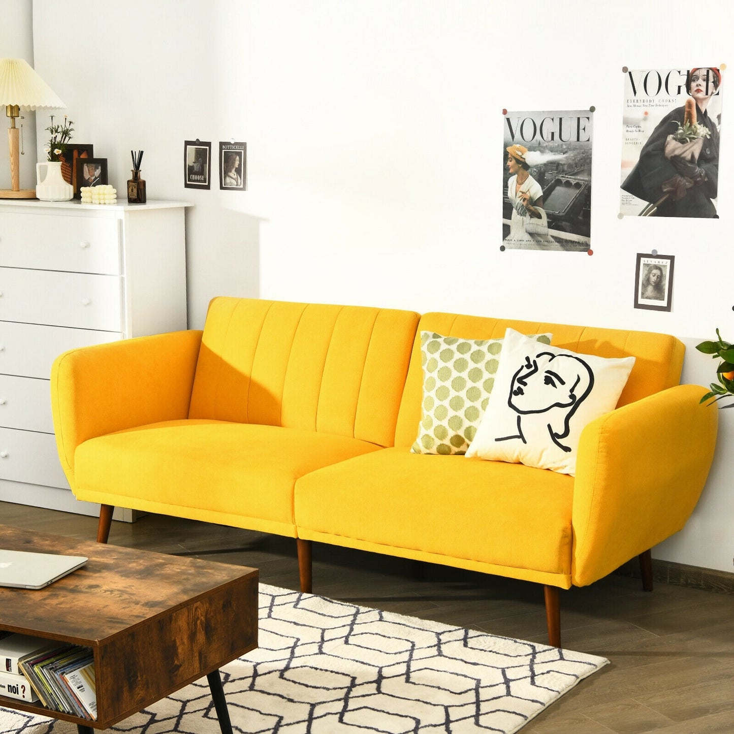 Convertible Futon Sofa Bed with Adjustable Backrest and Solid Wood Legs in Yellow