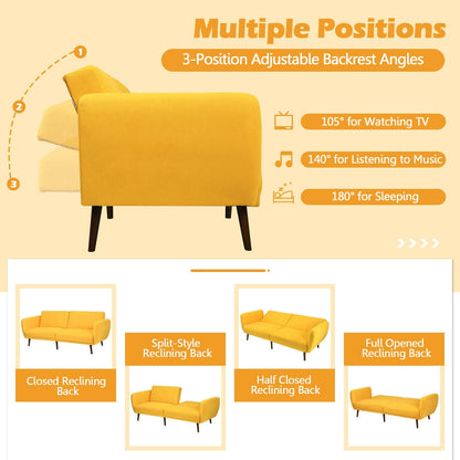 Convertible Futon Sofa Bed with Adjustable Backrest and Solid Wood Legs in Yellow