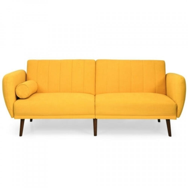 Convertible Futon Sofa Bed with Adjustable Backrest and Solid Wood Legs in Yellow