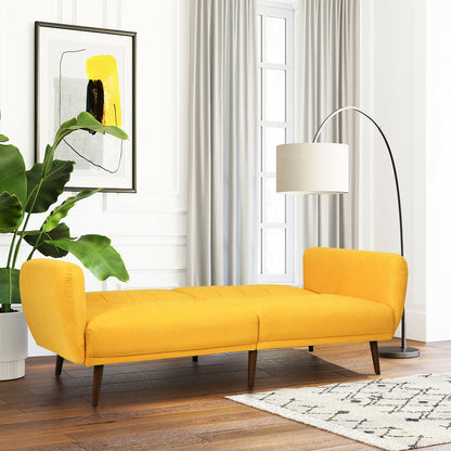 Convertible Futon Sofa Bed with Adjustable Backrest and Solid Wood Legs in Yellow